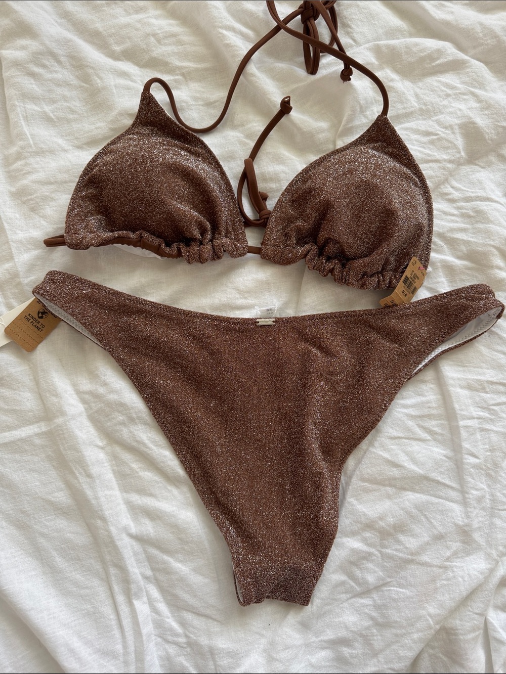 PINK Victoria's Secret Brown Shimmer Triangle Bikini Set Size M - Picture 5 of 6